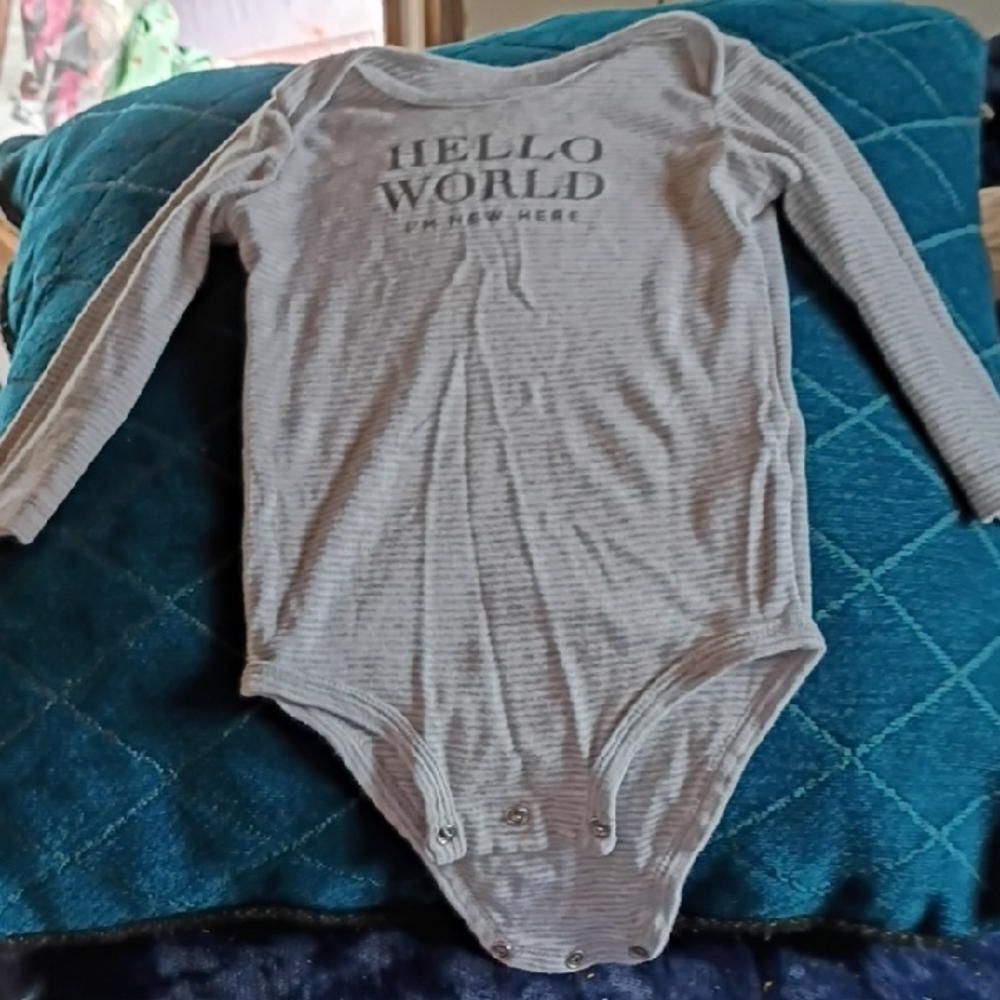 Carter's Light Gray Striped Bodysuit with 'Hello World' Print